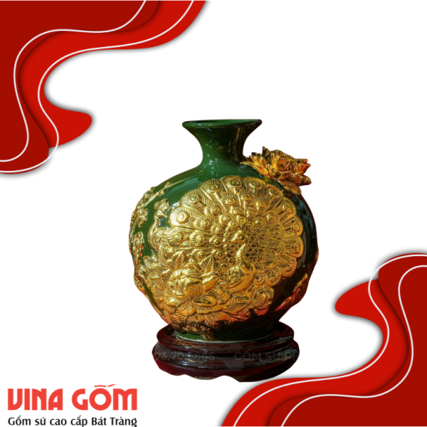 Bình Hút Lộc Men Xanh Lá Đắp Nổi Dát Vàng Gốm Sứ Bát Tràng