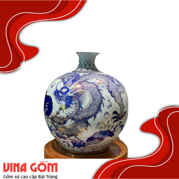 Bình Hút Lộc Đơn Cảnh Men Lam Vẽ Vàng Kim Gốm Sứ Bát Tràng