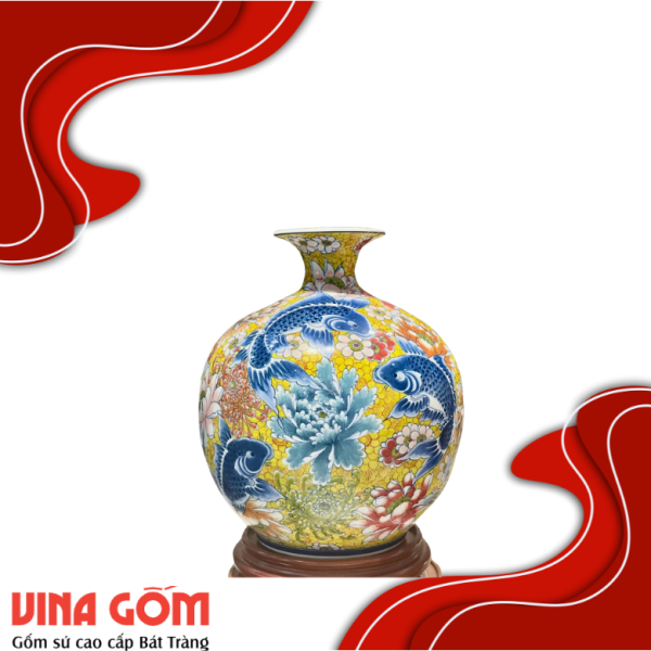 Bình Hút Lộc Đơn Cảnh Vẽ Màu Vàng Kim Gốm Sứ Bát Tràng