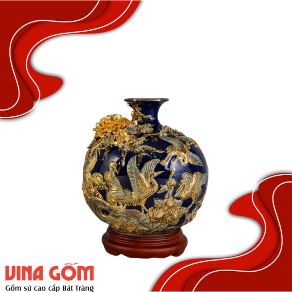 Bình Hút Lộc Tùng Hạc Diên Niên Men Xanh Coban Vẽ Vàng Gốm Sứ Bát Tràng