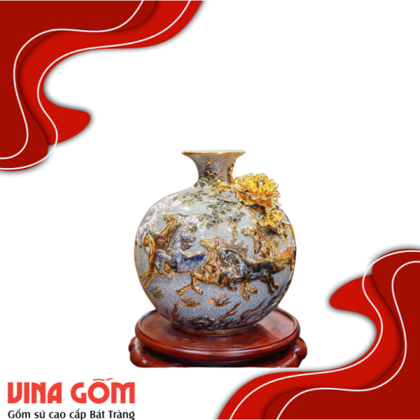 Bình Hút Lộc Thuận Buồm Xuôi Gió Men Rạn Đắp Nổi Gốm Sứ Bát Tràng