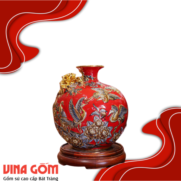 Bình Hút Lộc Tùng Hạc Diên Niên Men Đỏ Vẽ Vàng Gốm Sứ Bát Tràng