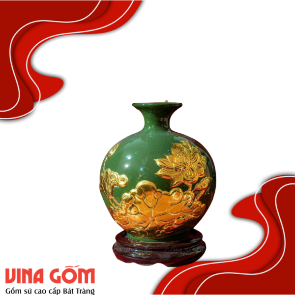 Bình Hút Lộc Men Xanh Lá Đắp Nổi Dát Vàng Gốm Sứ Bát Tràng