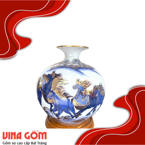 Bình Hút Lộc Đơn Cảnh Mã Đáo Thành Công Men Lam Vẽ Vàng Kim Gốm Sứ Bát Tràng