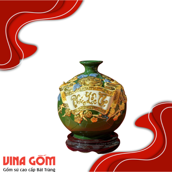 Bình Hút Lộc Men Xanh Lá Đắp Nổi Dát Vàng Gốm Sứ Bát Tràng