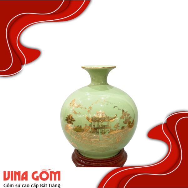 Bình Hút Lộc Chùa Một Cột Vẽ Vàng Kim Gốm Sứ Bát Tràng