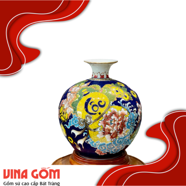 Bình Hút Lộc Đơn Cảnh Vẽ Màu Vàng Kim Gốm Sứ Bát Tràng