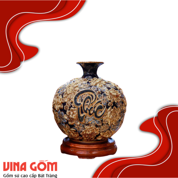 Bình Hút Lộc Phúc Lộc Thọ Liên Hoa Men Xanh Coban Vẽ Vàng Gốm Sứ Bát Tràng