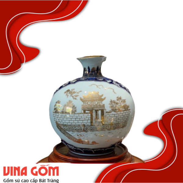 Bình Hút Lộc Nhị Cảnh Men Lam Vẽ Vàng Kim Gốm Sứ Bát Tràng