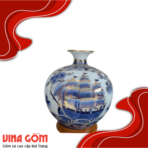 Bình Hút Lộc Nhị Cảnh Men Lam Vẽ Vàng Kim Gốm Sứ Bát Tràng