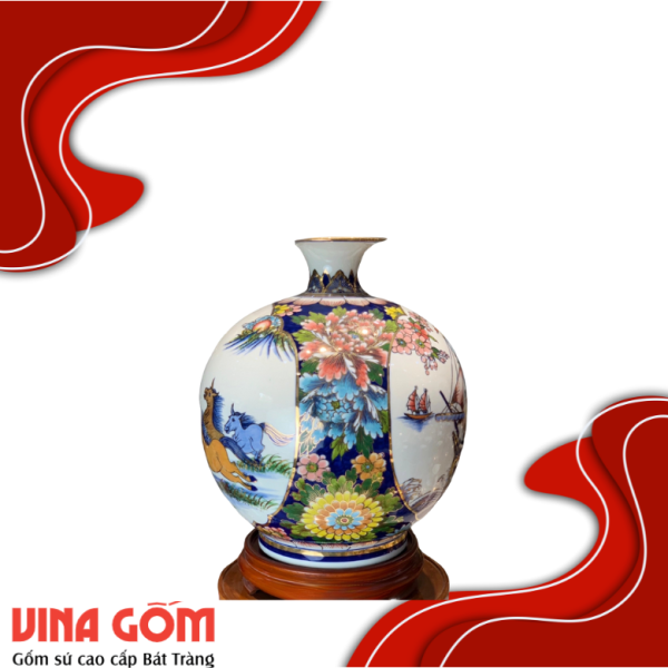 Bình Hút Lộc Nhị Cảnh Vẽ Màu Vàng Kim Gốm Sứ Bát Tràng