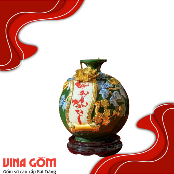 Bình Hút Lộc Men Xanh Lá Đắp Nổi Gốm Sứ Bát Tràng