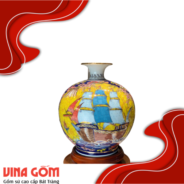 Bình Hút Lộc Nhị Cảnh Vẽ Màu Vàng Kim Gốm Sứ Bát Tràng