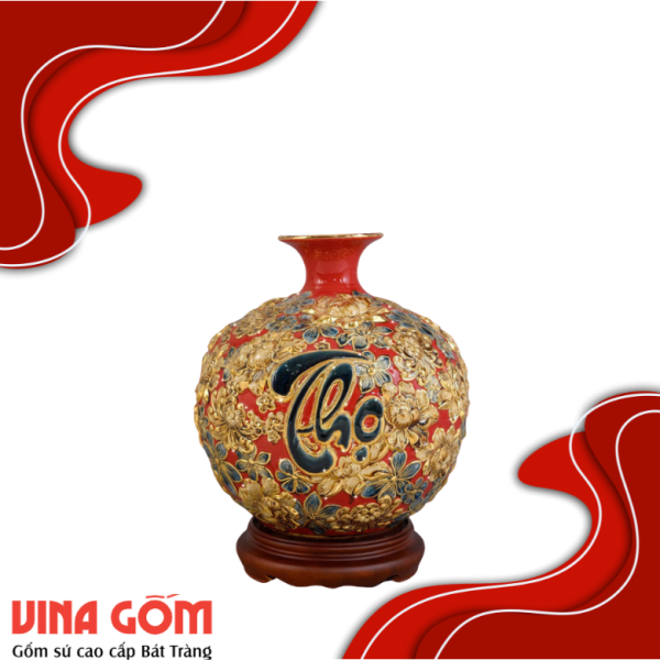 Bình Hút Lộc Phúc Lộc Thọ Liên Hoa Men Đỏ Vẽ Vàng Gốm Sứ Bát Tràng