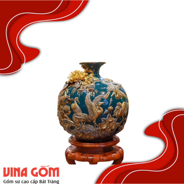 Bình Hút Lộc Tùng Hạc Diên Niên Men Xanh Lục Vẽ Vàng Gốm Sứ Bát Tràng