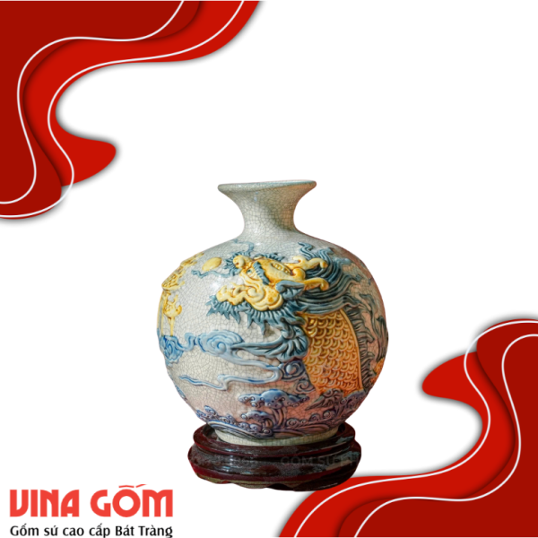 Bình Hút Lộc Đắp Nổi Gốm Sứ Bát Tràng - Phúc Lộc Viên Minh